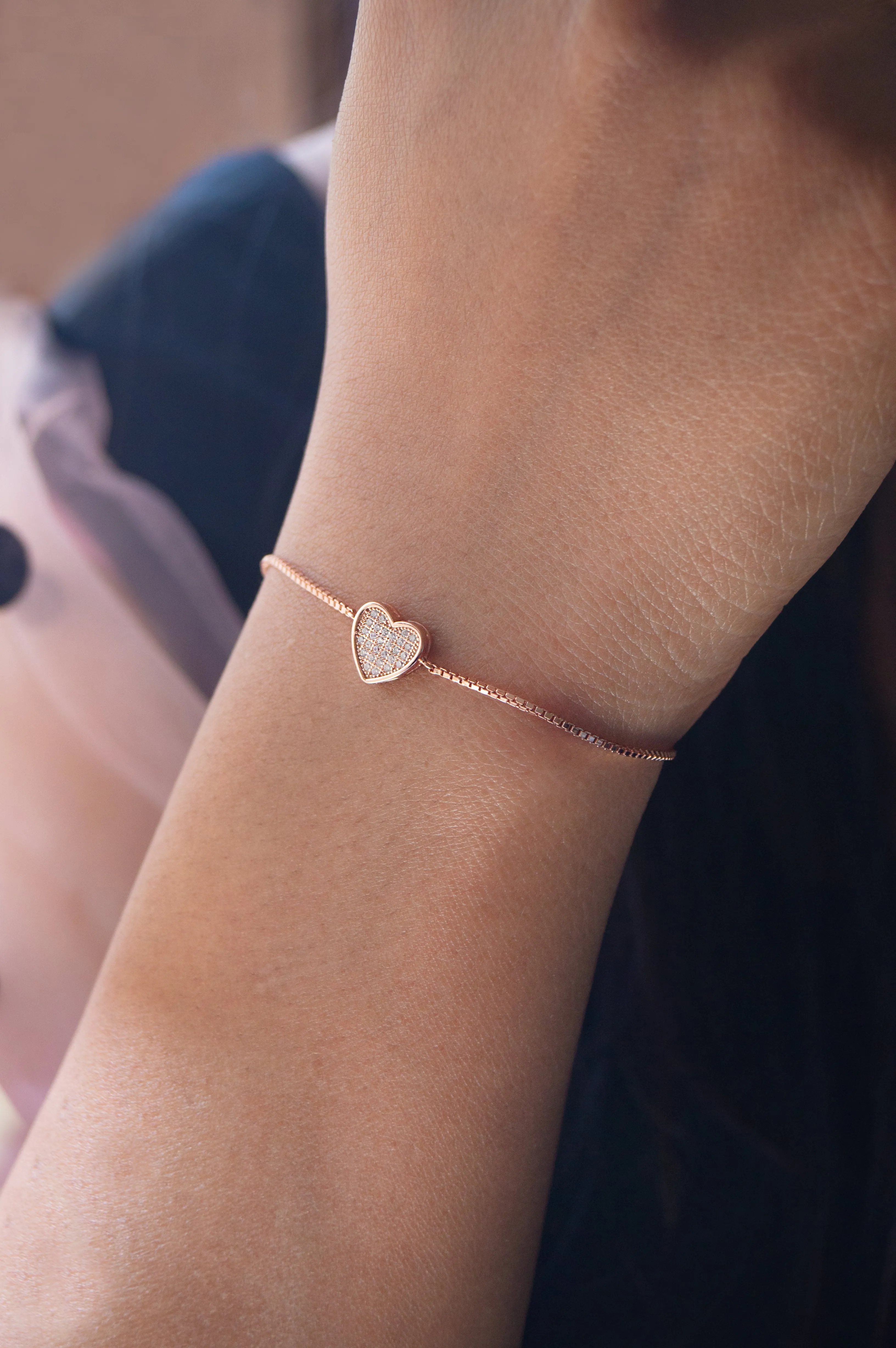 Sparkling Checkered Heart Sterling Silver Pull Chain Bracelet
