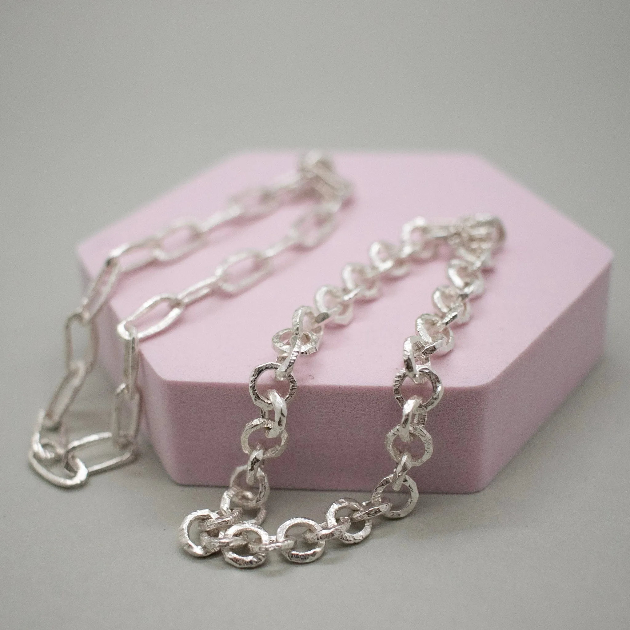 Sterling Silver Carved Round Link Chain Bracelet