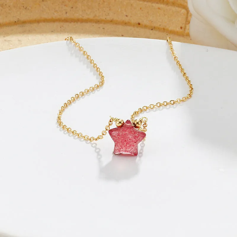 Strawberry Crystal Five Pointed Star Pendant Necklace with Sterling Silver Chain