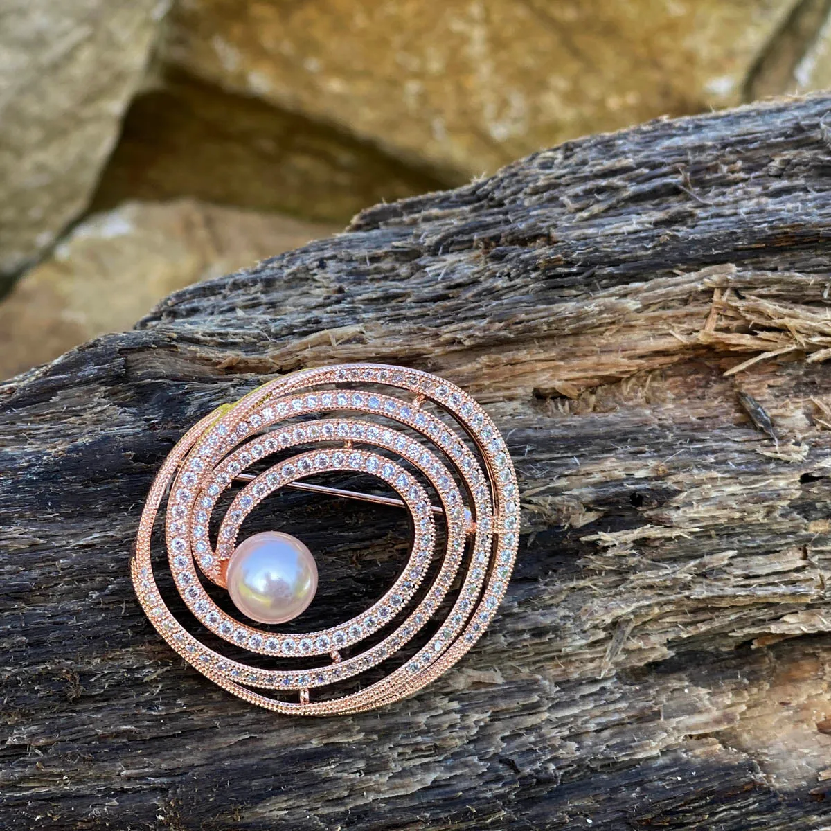 Swirl Pink Pearl Diamante Rose Gold Brooch