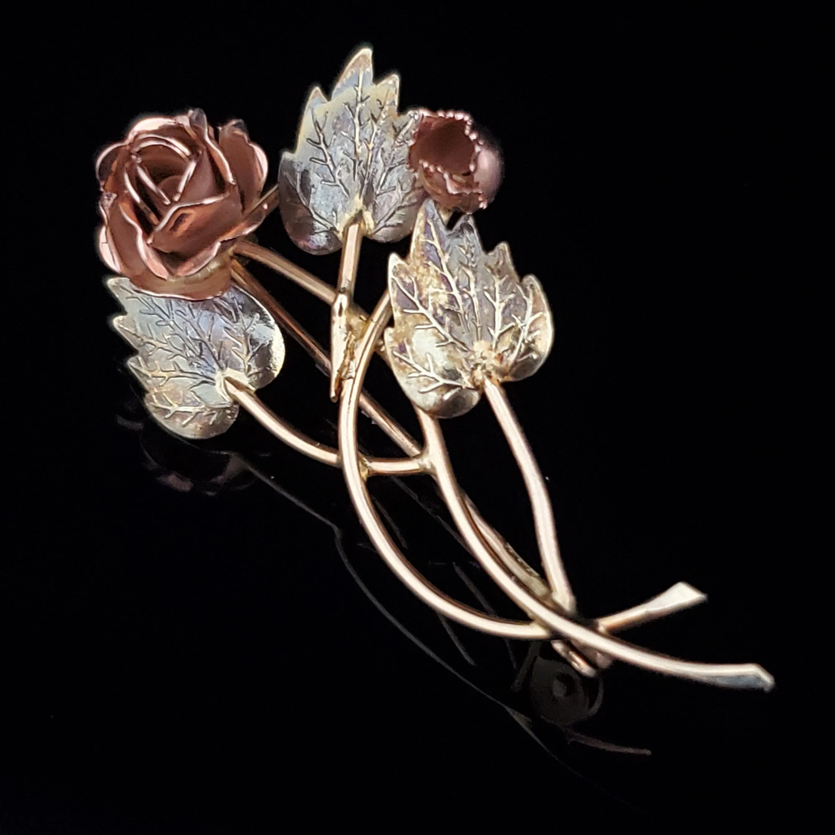 The Oxford - Mid Century 14k Multi Tone Gold Rose Bouquet Brooch