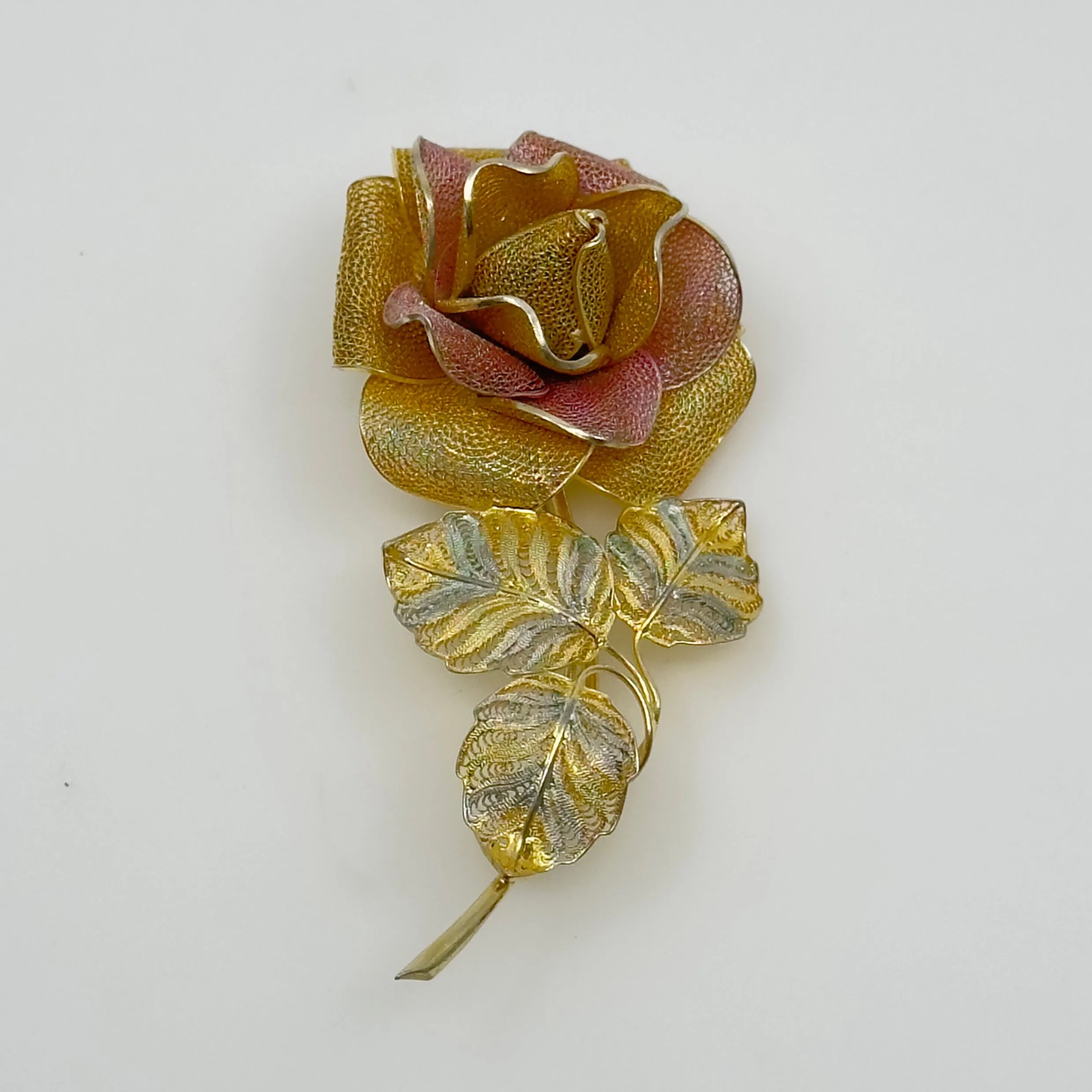 Vintage Gold over Sterling silver filigree rose brooch