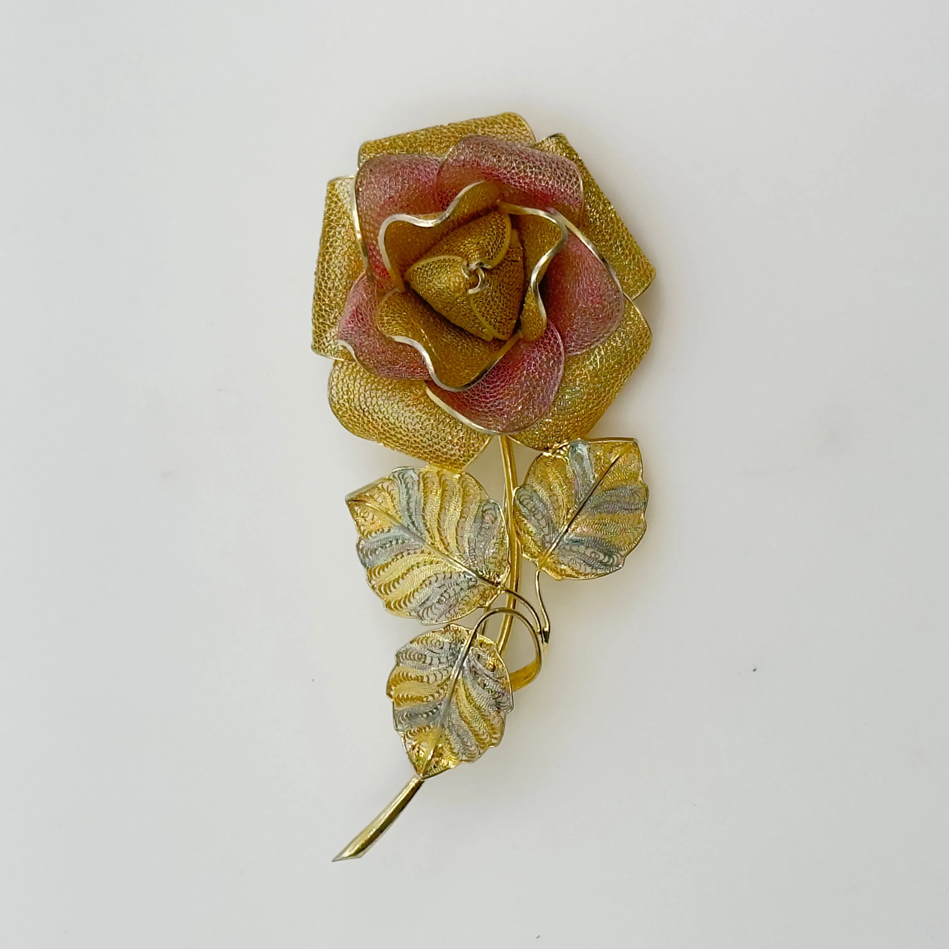 Vintage Gold over Sterling silver filigree rose brooch