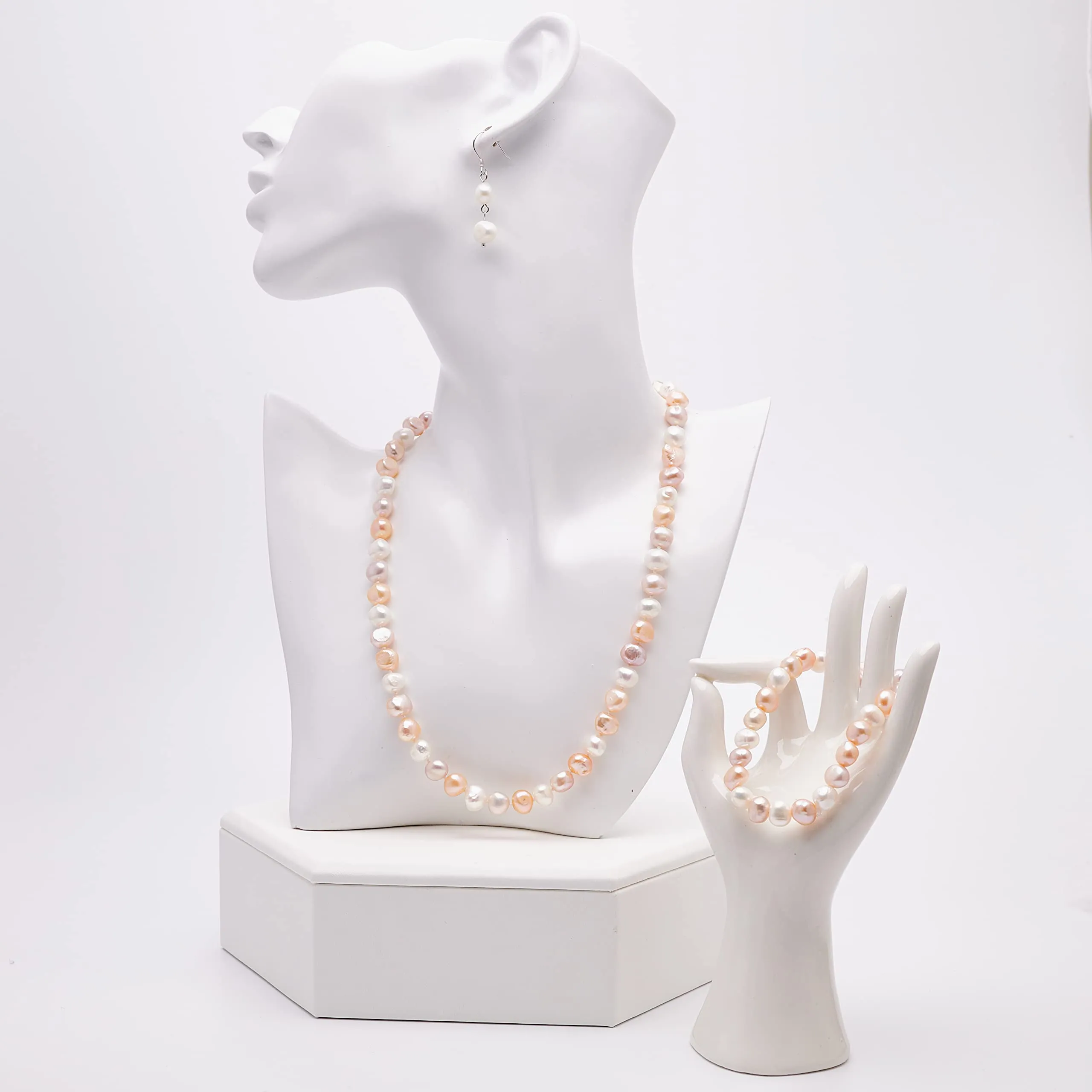 Women's 8mm Baroque Pearl Necklace Bracelet and Earrings Colour: White/Black/Pink/Grey/Multicolour