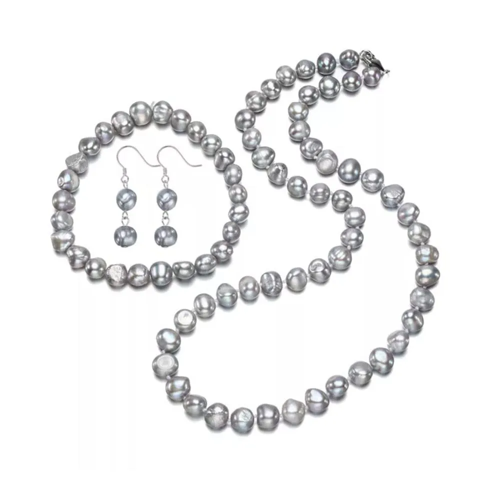 Women's 8mm Baroque Pearl Necklace Bracelet and Earrings Colour: White/Black/Pink/Grey/Multicolour