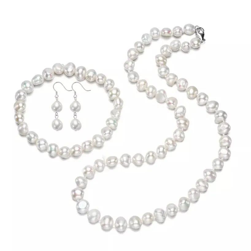 Women's 8mm Baroque Pearl Necklace Bracelet and Earrings Colour: White/Black/Pink/Grey/Multicolour
