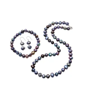 Women's 8mm Baroque Pearl Necklace Bracelet and Earrings Colour: White/Black/Pink/Grey/Multicolour
