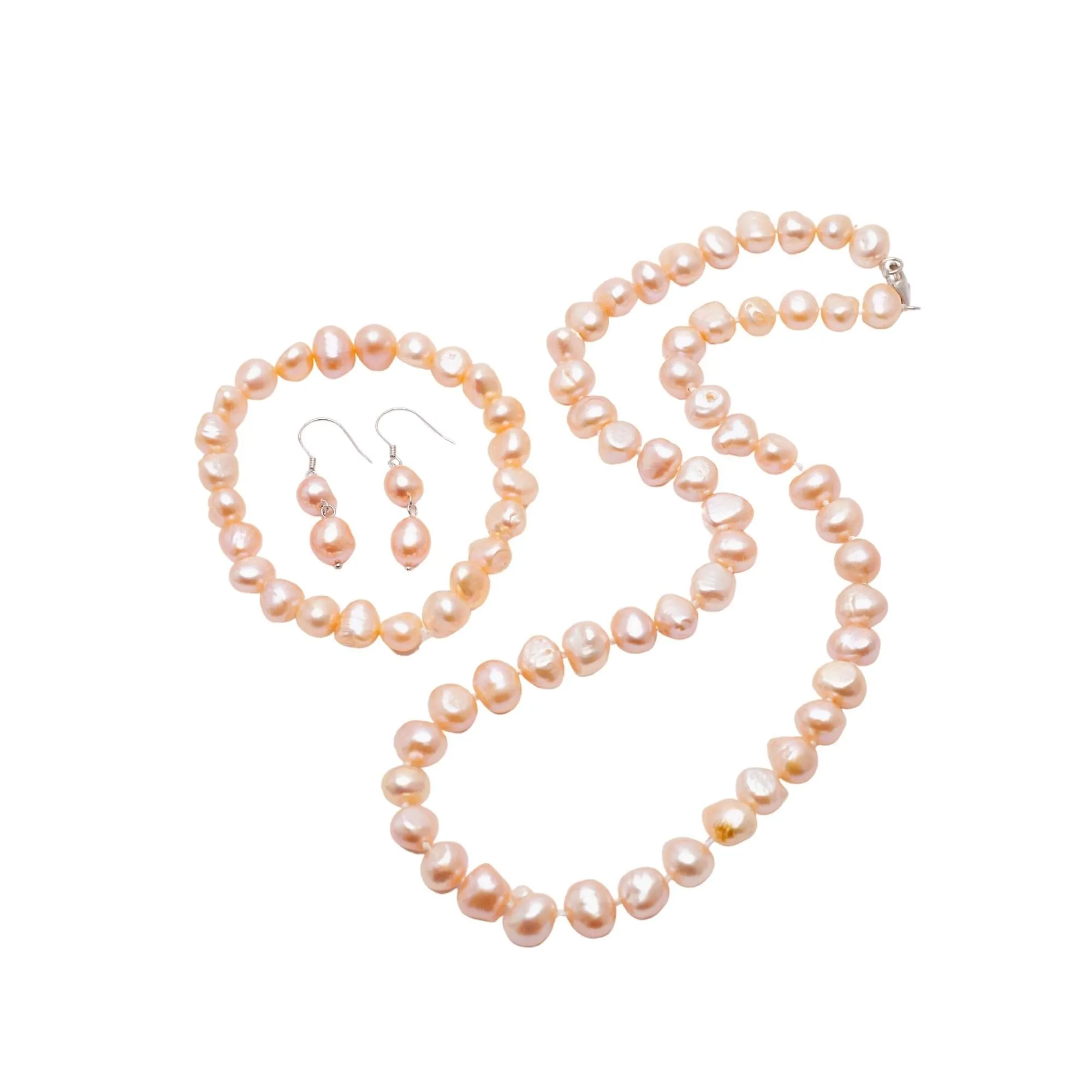 Women's 8mm Baroque Pearl Necklace Bracelet and Earrings Colour: White/Black/Pink/Grey/Multicolour