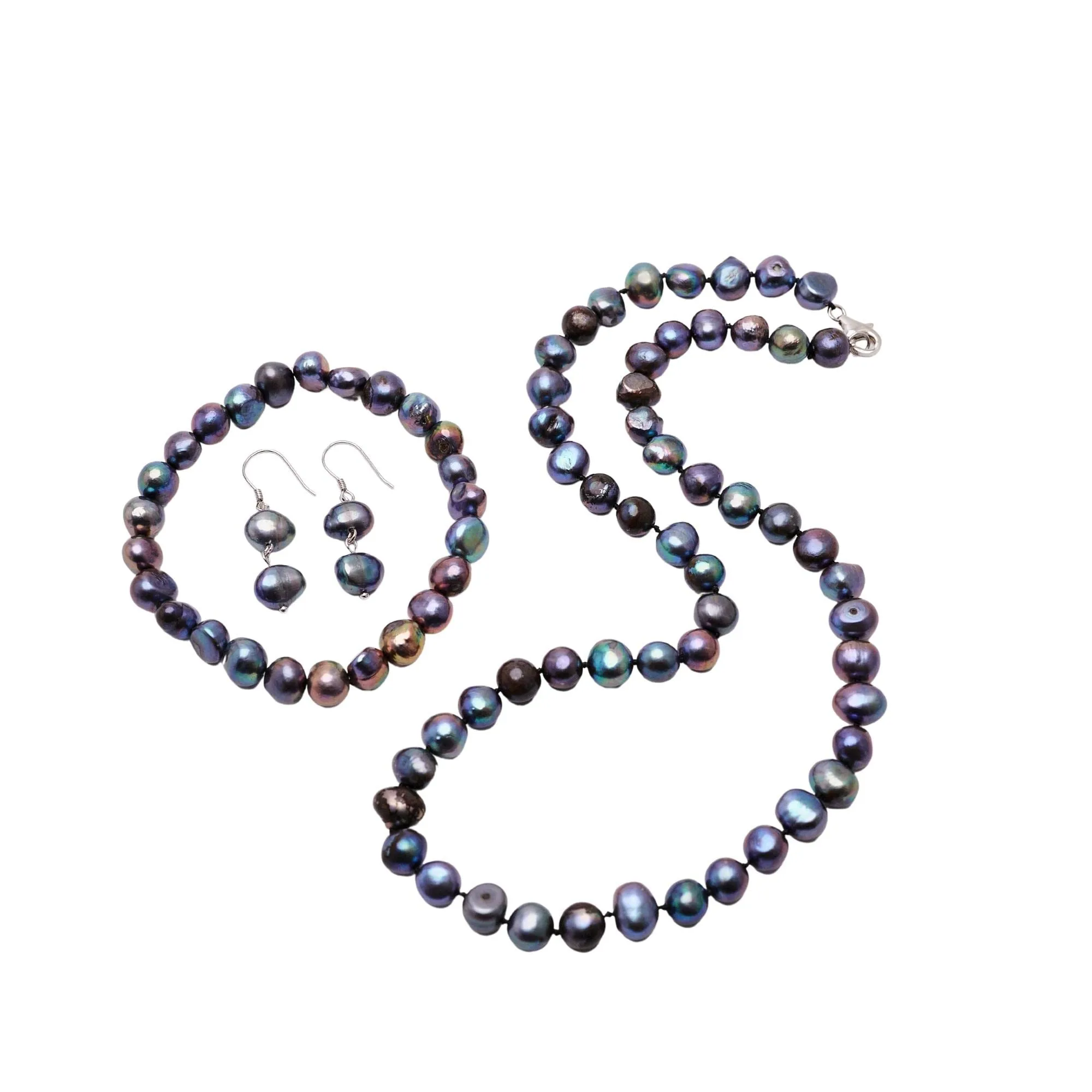 Women's 8mm Baroque Pearl Necklace Bracelet and Earrings Colour: White/Black/Pink/Grey/Multicolour